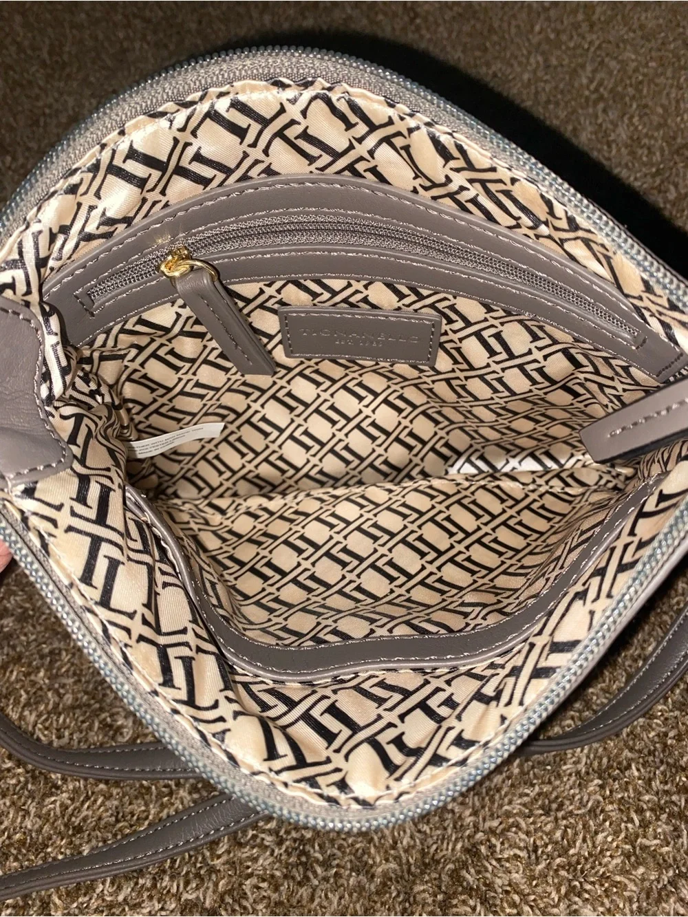 Tignanello Gray Leather Crossbody Bag Purse Organizer Adjustable Strap Pockets